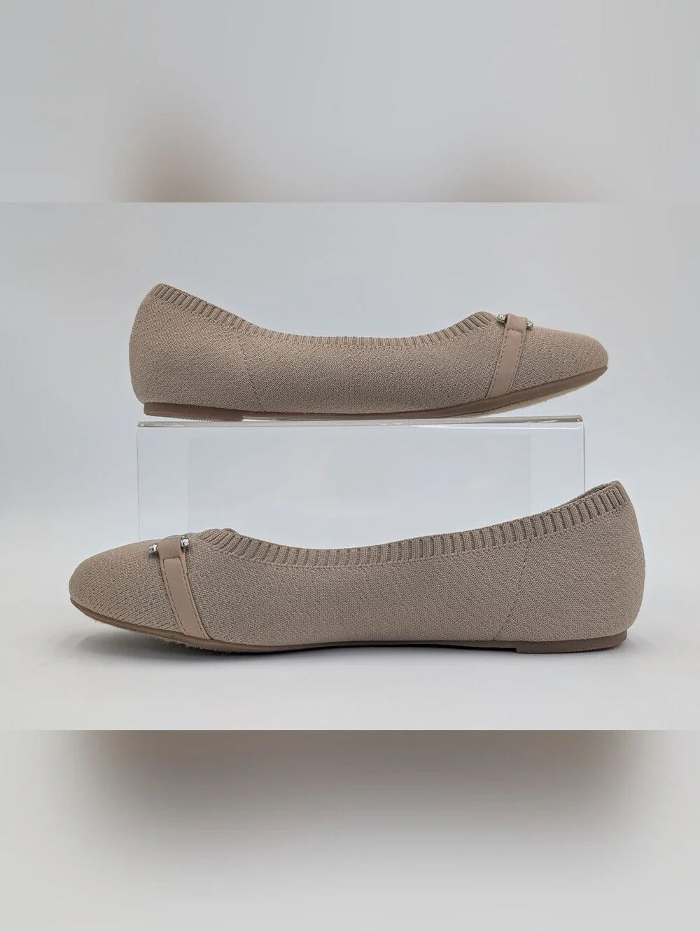 Nautica Halidon Sz 8 Taupe Knit Upper Silver Equestrian Style Buckle Ballet Flat